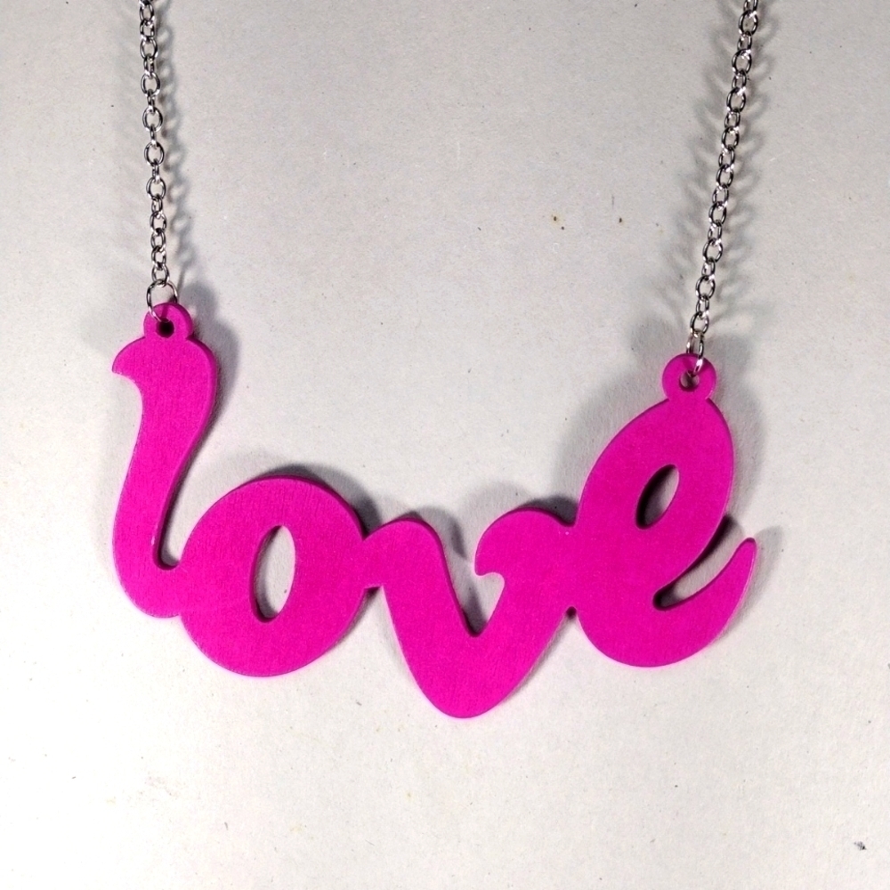 Women's Stunning Polished Silver tone Pink " LOVE " Design Long Necklace- 34-in